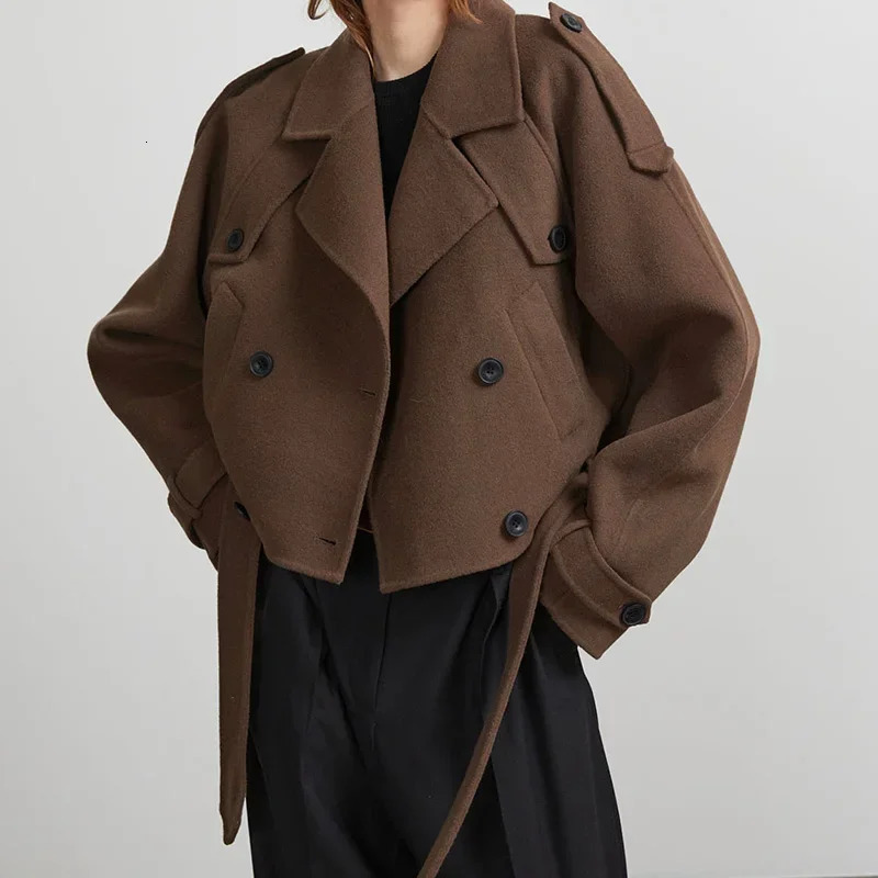 Autumn Brown Retro Woolen Coat Turn-down Collar Casual Jacket Fashion Slim Fit Woolen Coat High Street Lady Outerwear 250806
