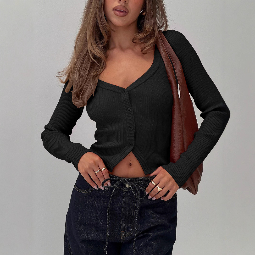 2025 Autumn Winter V-neck Long Sleeve Ribbed Button Cardigan Slim Fit Commuter Exquisite Women's Top