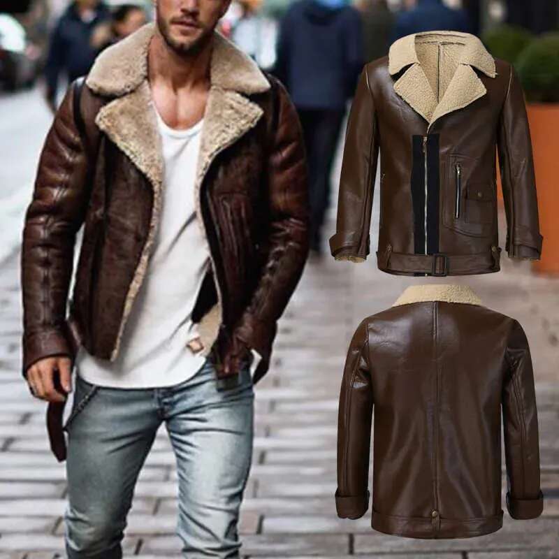 Men's Faux Fur Winter Imitation Biker Motorcycle Zipper Long Sleeve Top Streetwear Leather Jacket Men Coat T221007