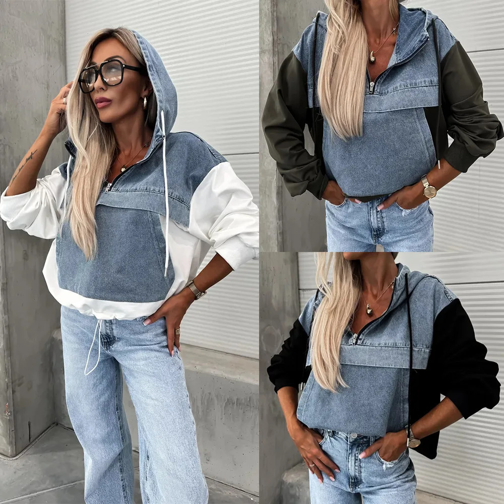 Washed Denim Sweater Hoodies Women Loose Vintage Hooded Pullover Tops Autumn Patchwork Sweatshirt Female Streetwear 250806