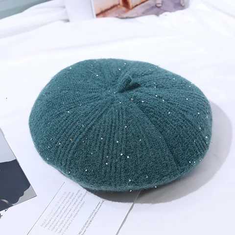 Elegant Retro Knitted Beret Hats Women Ladies Sequins Knit Painter Berets Fashion Artist French Berets Solid Color XJ250807