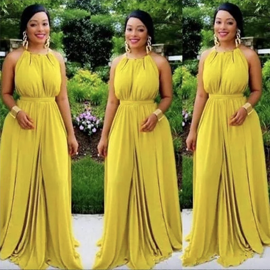 Chiffon Yellow Bridesmaid Dresses Halter Ruched Pleats Floor Length Custom Made African Plus Size Prom Formal Ball Gown