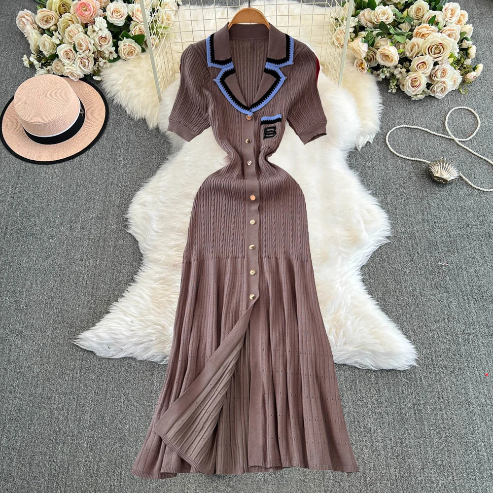 YuooMuoo Women Dress Arrival Women Knitted Maxi Dress Elegant Notched Embroidery Long Shirt Dress Lady Sweater Vestidos 250806