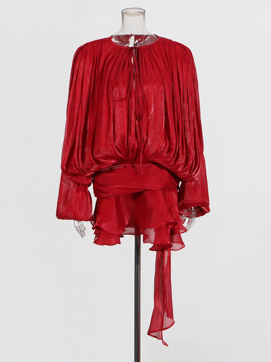 TWOTYLE Elegant Ruched Mini Dress For Women Round Neck Lantern Long Sleeve High Waist Temperament Dresses Female Fashion 250807