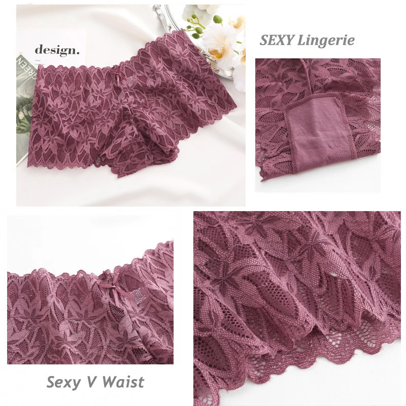 4PC Floral Lace Panties Sexy Perspective Underwear V Waist Solid Color Underpants Female Breathable Intimates Lingerie 250807