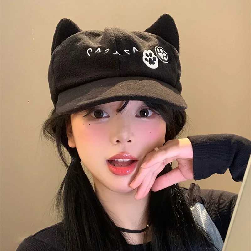 Janese Cute Cat Ears Berets Cs for Women Summer Autumn Travel Versatile Sunscreen Casual Retro Black Newsboy Hats Y2k XJ250807