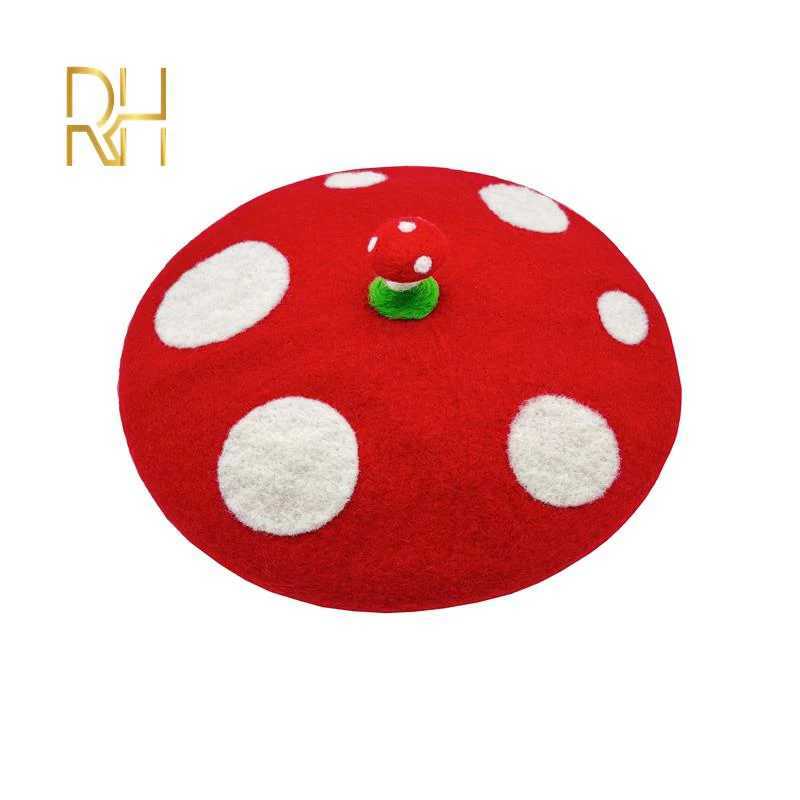 RH Ladies Cute Mushrooms Red Handmade Wool Felt Beret Creative Painter Hat Girls Birthday Gift Warm C For Autumn WinterXJ250807