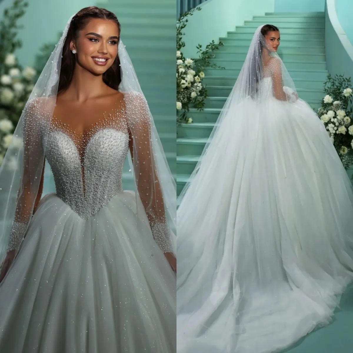Luxury A Line Wedding Dresses Pearls Bridal Gowns Sparkly Long Sleeves Brides Dresses Princess Custom Made Sweep Train Plus Size Vestido de novia