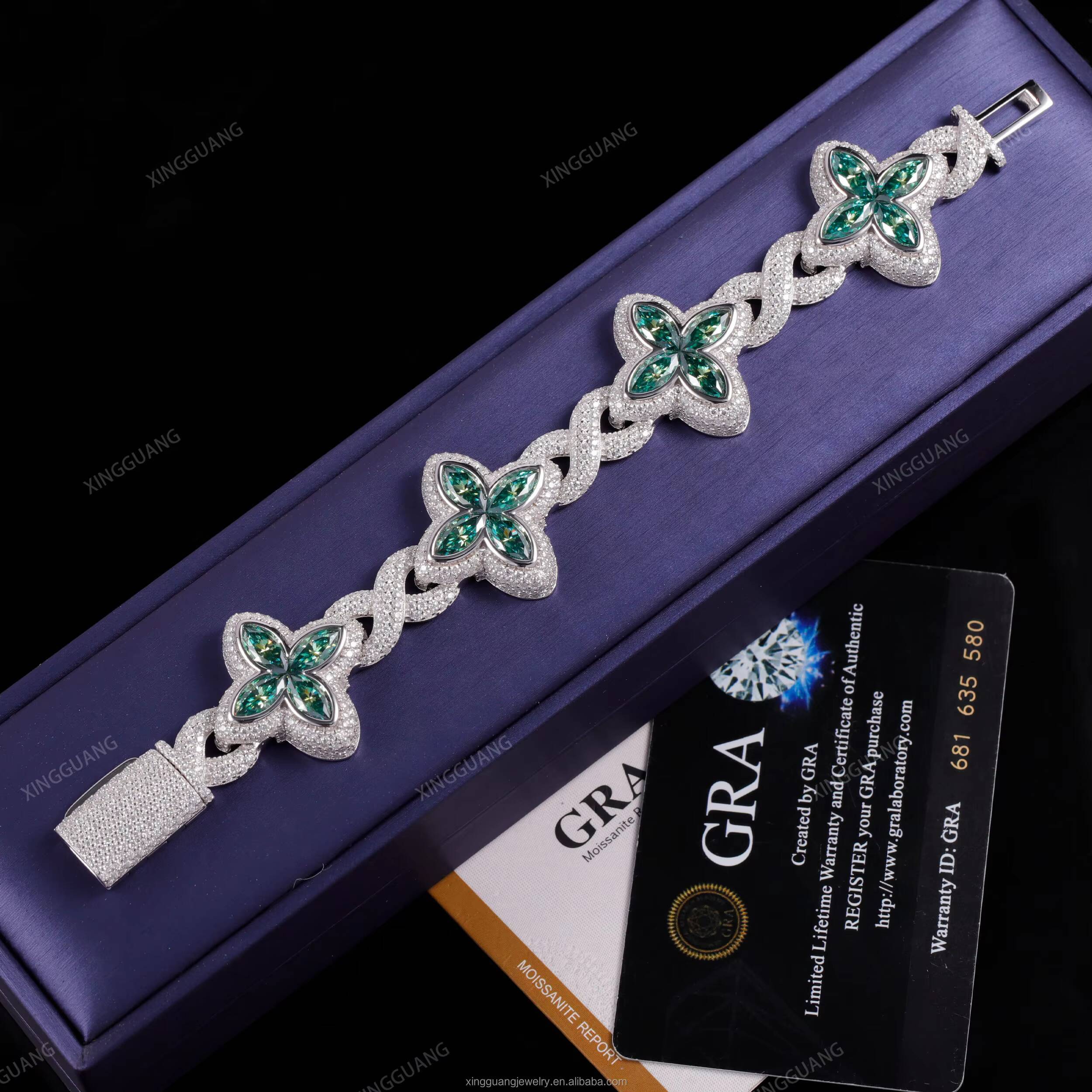 XingGuang New Arrival Clover Design Vvs White Green Moissanite Diamond S925 Silver Gold Plated Cuban Link Bracelet Men Women