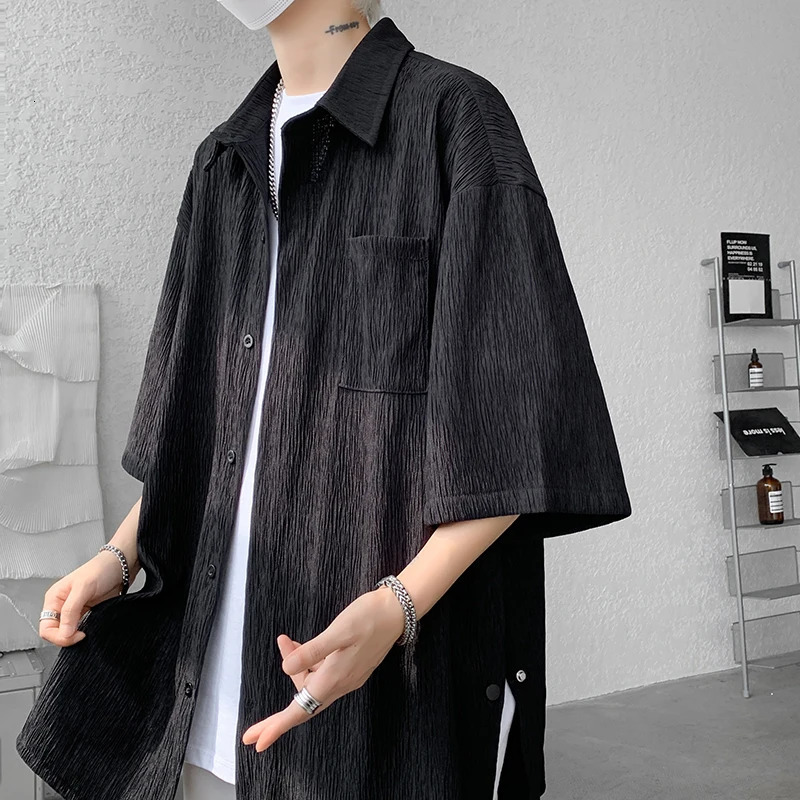 Wine Red Side Buttons Pleated Shirt Black Apricot Harajuku Button Up Korean Short Sleeve Aesthetic Male Shirts Men Blouse 250807