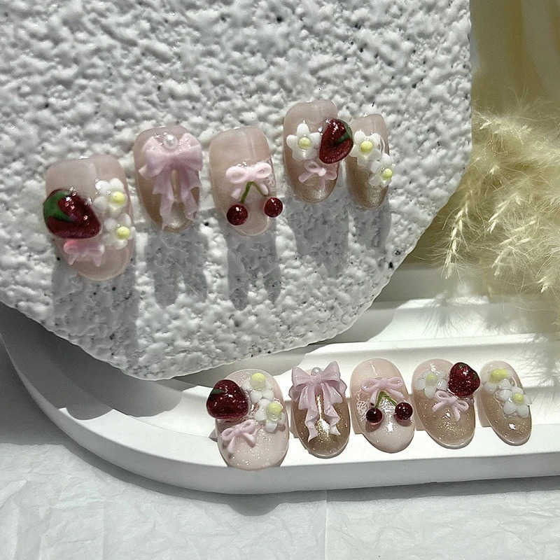 10 Pieces Summer Cute Sweet Style Handmade Press On Nails 3D Bow Cherry Strawberry Cat Eye Fake Nails Removable Reusable M250807