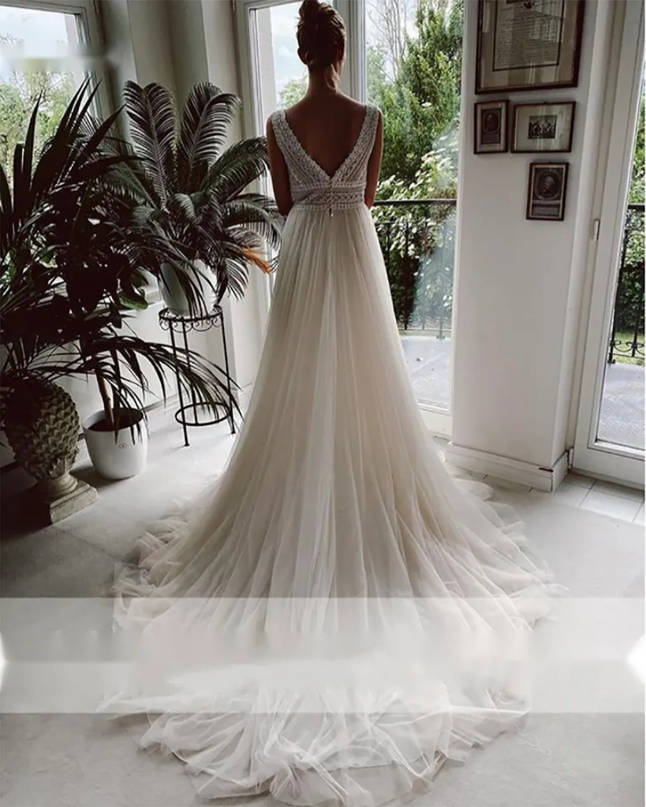 Vestido De Novia Boho Wedding Dresses V Neck Beach Lace Bridal Wedding Gowns Elegant Bohemian Tulle A Line Bridal Dress Gown
