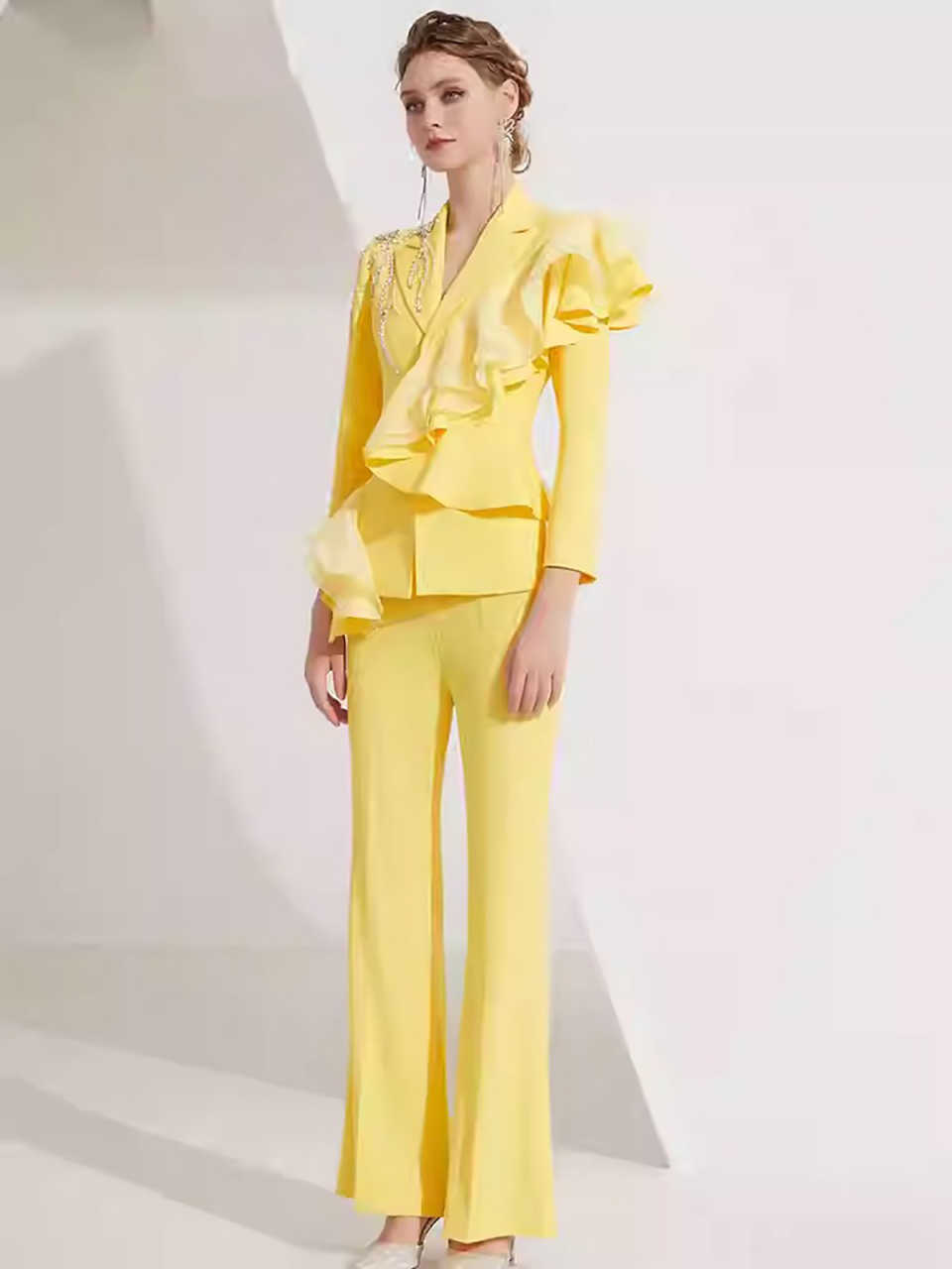 New Design Customized Elegant 2 Pieces Women Suits Crystal Ruffles Pants Blazers Office Ladies Work Slim Fit Evening Party Outfits