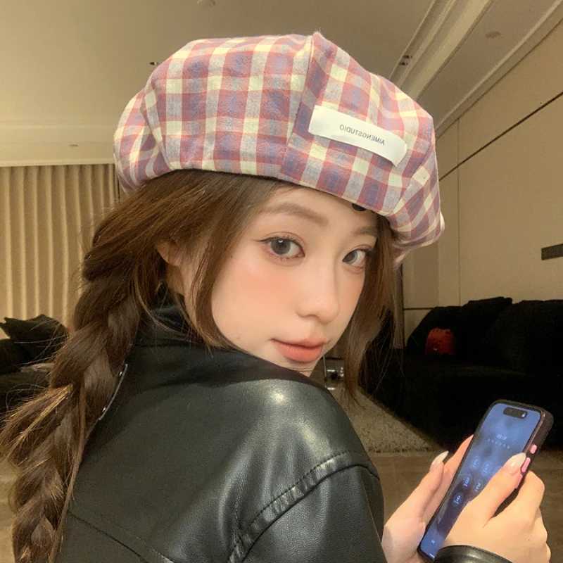 Retro Literary and Artistic Color Matching Plaid Berets for Women Spring and Summer New Sweet Versatile Cloud Newsboy Hat XJ250807
