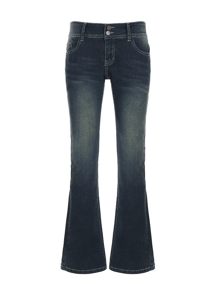 Weekeep Vintage y2k Flared Jeans Retro Buttonup Low Rise Casual Denim Pants Harajuku 2000s Trousers Basic Aesthetic Mom Jeans 250806