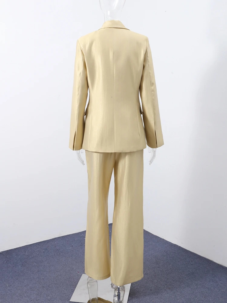 Casual Solid Blazer Pants Sets Women Slim Waist Lapel Long Sleeve Shoulder Pad Jacket High Waist Straight Trouser 2025 Outfits 250804