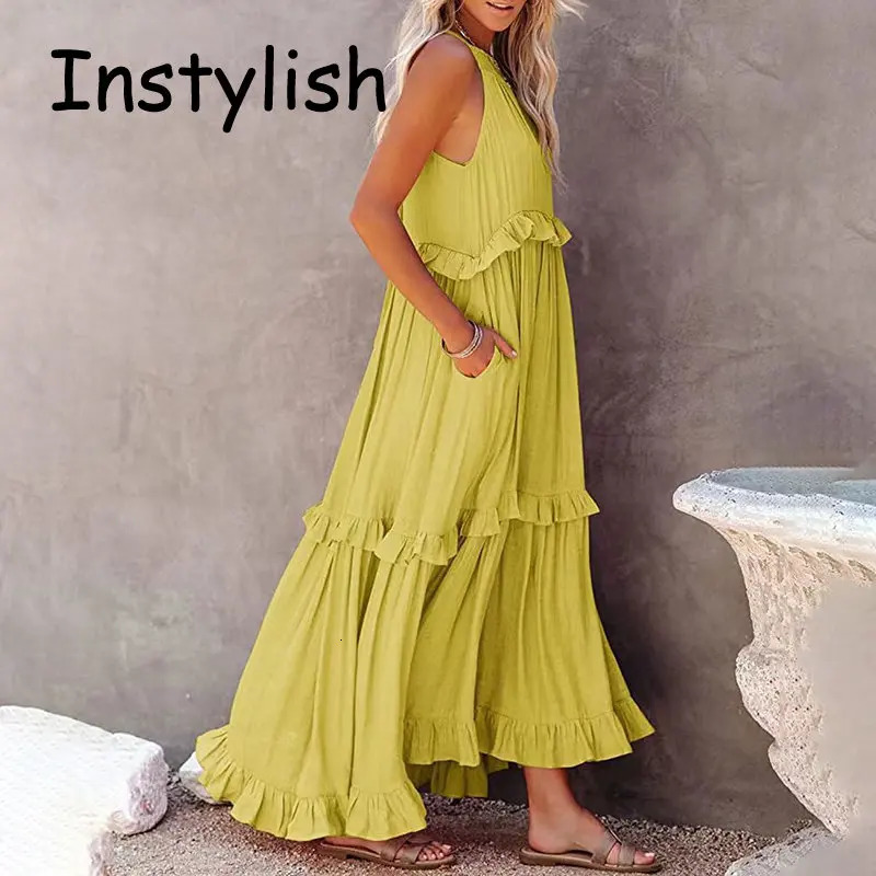 Women Casual Solid Ruffles Long Dress Summer Elegant Sleeveless Sundress Harajuku Maxi Beach Party Evening Vestido 250807