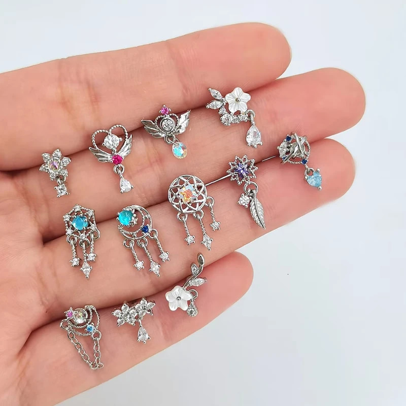 1Piece Fashion L Shaped Dangle Nose Studs Piercing 20G Stainless Steel Flower Moon Tassels Zircon Nostril Screw Piercing Jewelry 250805