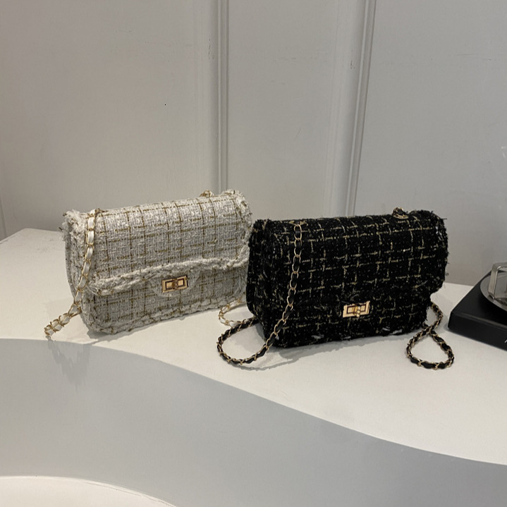 Free Shipping Designer Luxury Trendy Women's Handbag New Fashion Woolen Plaid Crossbody Bag Simple Chain Personality Single Shoulder Small Square