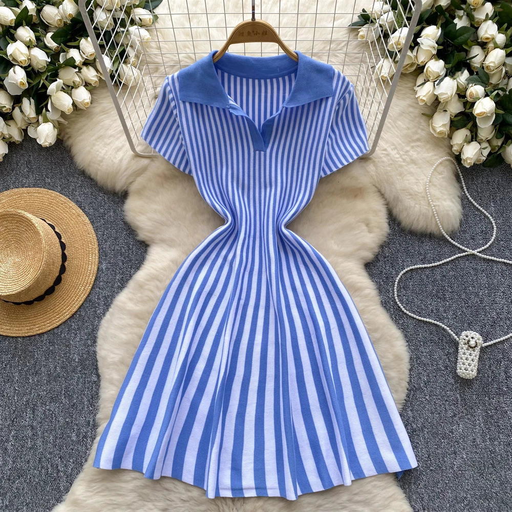 YuooMuoo Summer Vintage Vertical Stripes Knitted Dress Women Turndown Collar Slim Waist Aline Short 250807