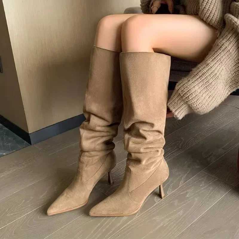Women Pointed Toe Thin High Heels Ankle Boots Autumn Fi Pleated Cowboy Women Faux Suede Woman Slip Warm Boots XJ250807