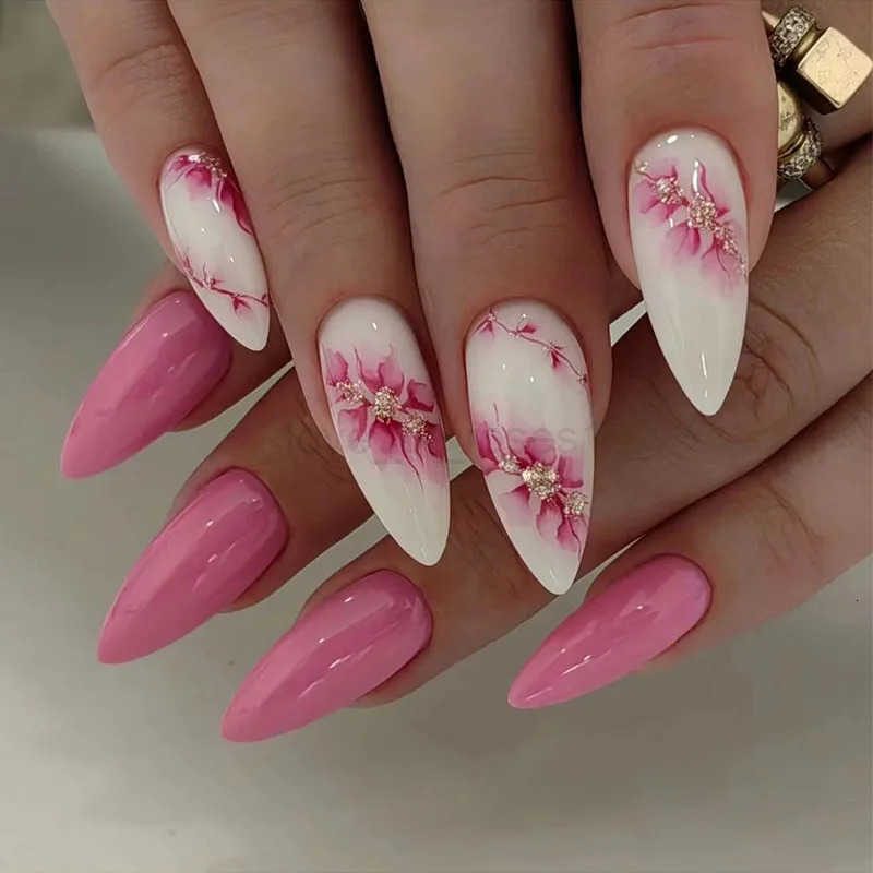 24pcs Red Flower Design Stick on Nail Art French Oval Fake Nail Finished Short Almond False Nails Detachable Press on Nails Tips Z250807
