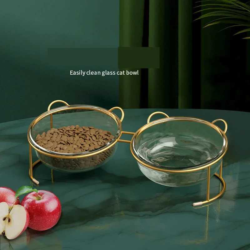 Fashion Cat Accessories Cute Pet Food Feeder Glass Dog Double Bowl Pet Bowls with Golden Stand Raised Cat Bowls Dog Water Bowl Y250806