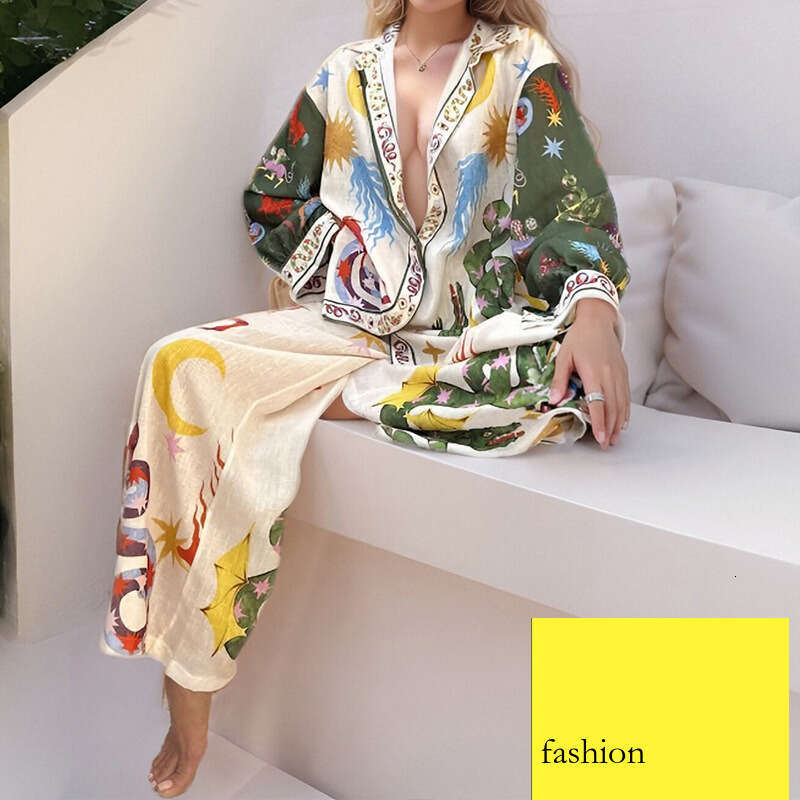 Personality Graffiti Casual Shirt Women's Turn-Down Collar Long Sleeve Fashion Two-Piece Set B5 h7