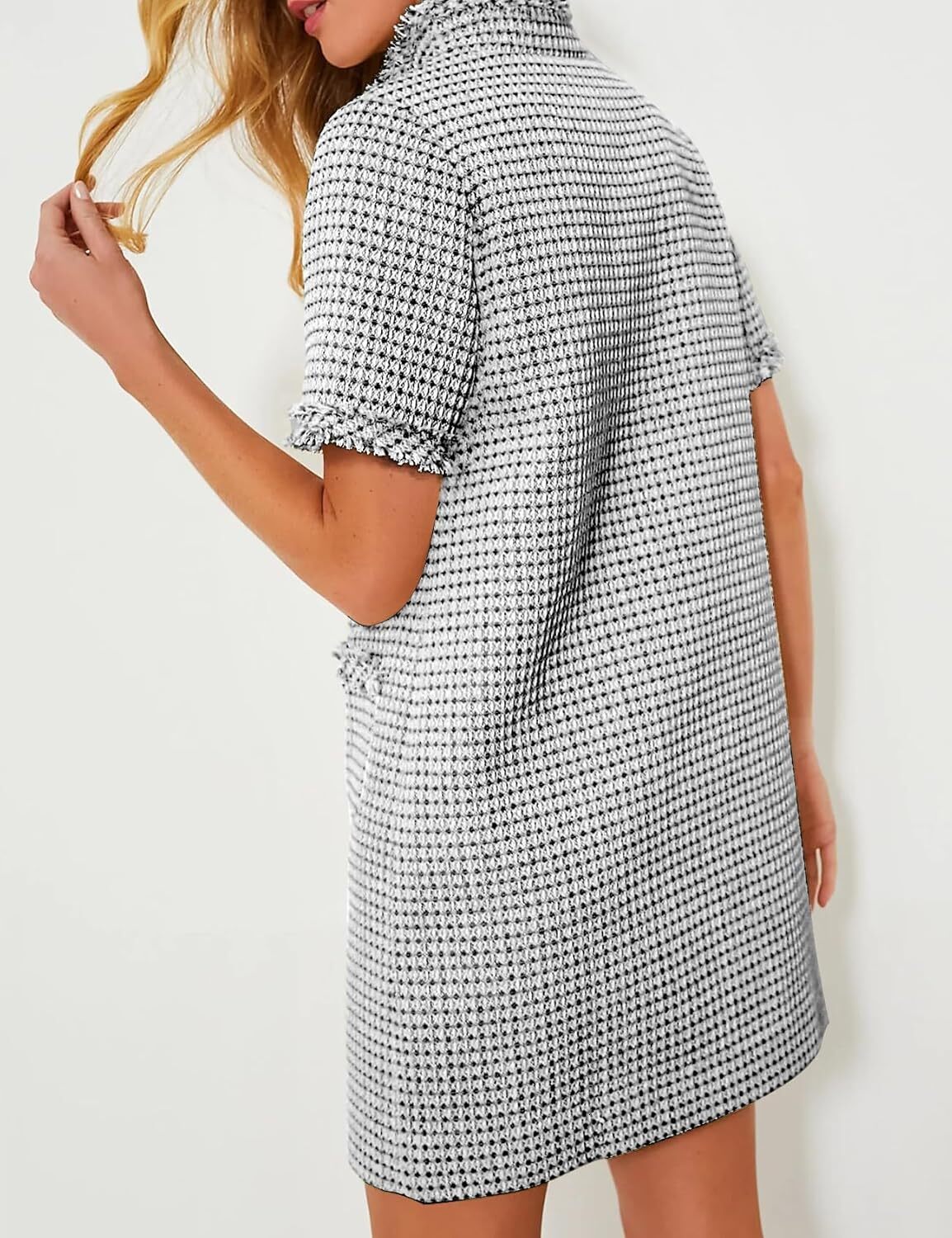 Womens Tweed Mini Elegant Front Half Zipper Short Sleeve Casual Work Straight Tube Dress with Pockets