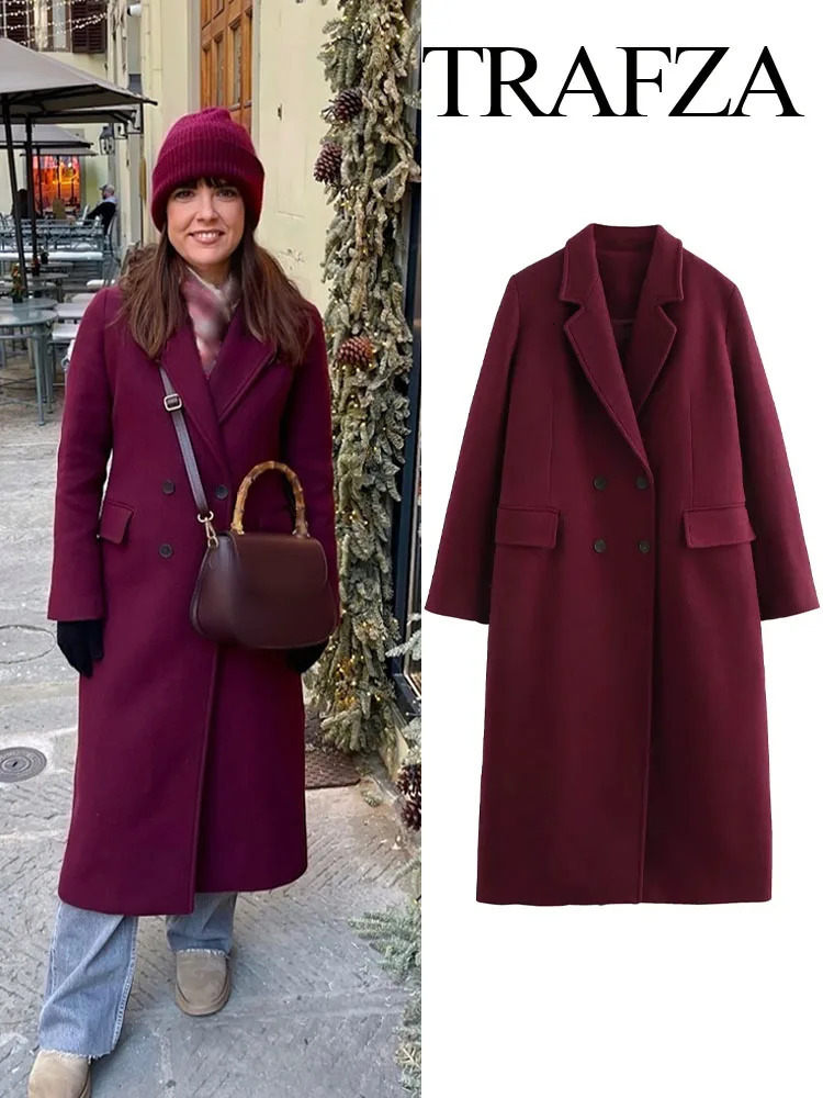 TRAFZA Autumn Winter Female Fashion Casual Woolen Long Coat Woman Turn-Down Collar Long Sleeves Pockets Double Breasted Coat 250805
