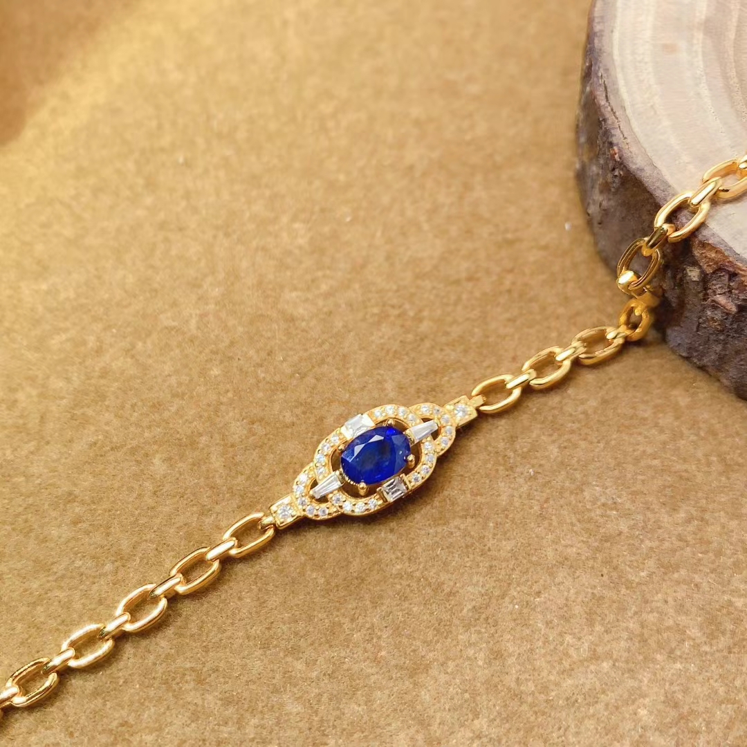 Royal blue natural sapphire bracelet for wedding 5mm*7mm 0.7ct genuine sapphire 925 silver bracelet with thick 18K gold plating