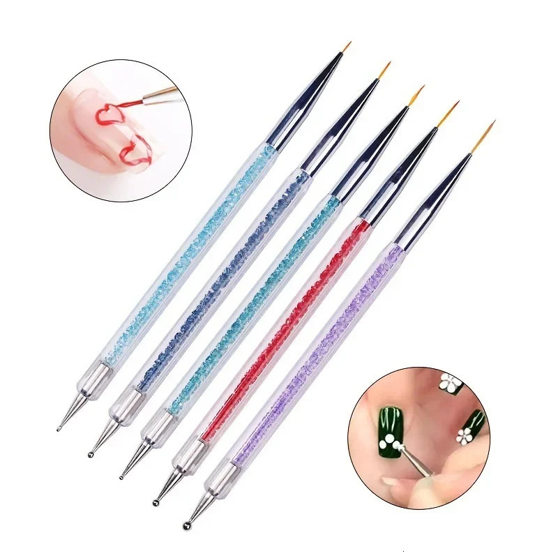 5pcs/Set 2 In 1 Dual-Ended Nail Art Liner Brushes With Crystal Handle Professional UV Gel Dotting Painting Drawing Pen DIY Tools 250805