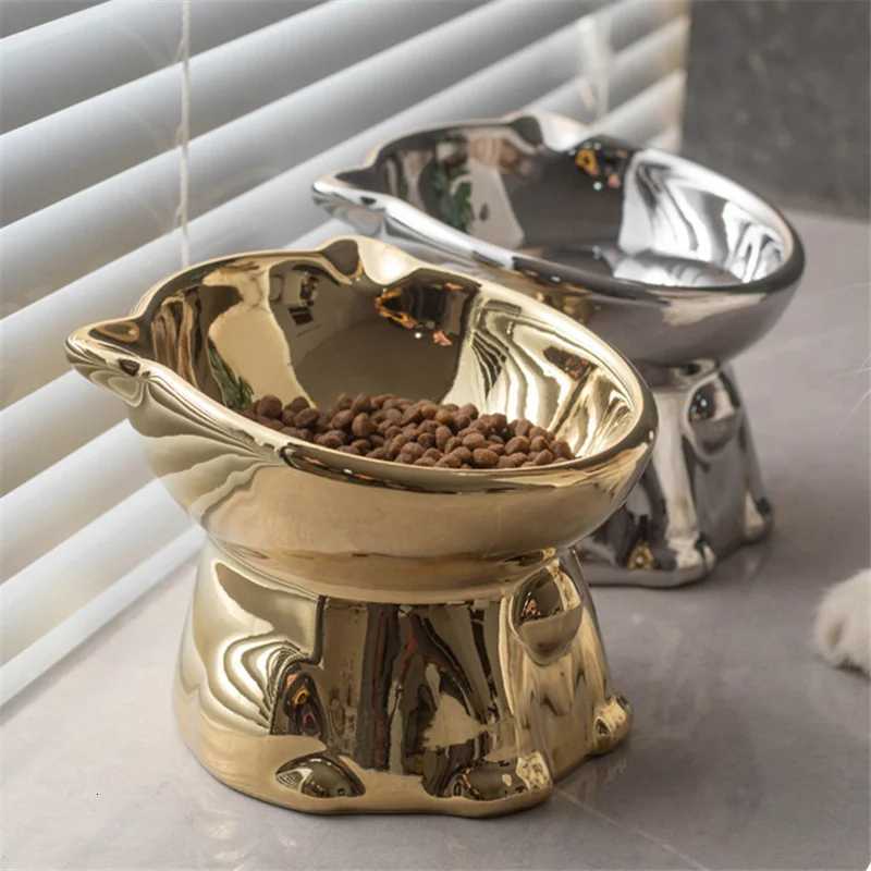 Fashion Ceramic Pet Bowl Gold and Silver Bells Cat Shaped Bowl Drink Water and Eat Feeder for Puppy Dog Cat Pet Supplies Y250806