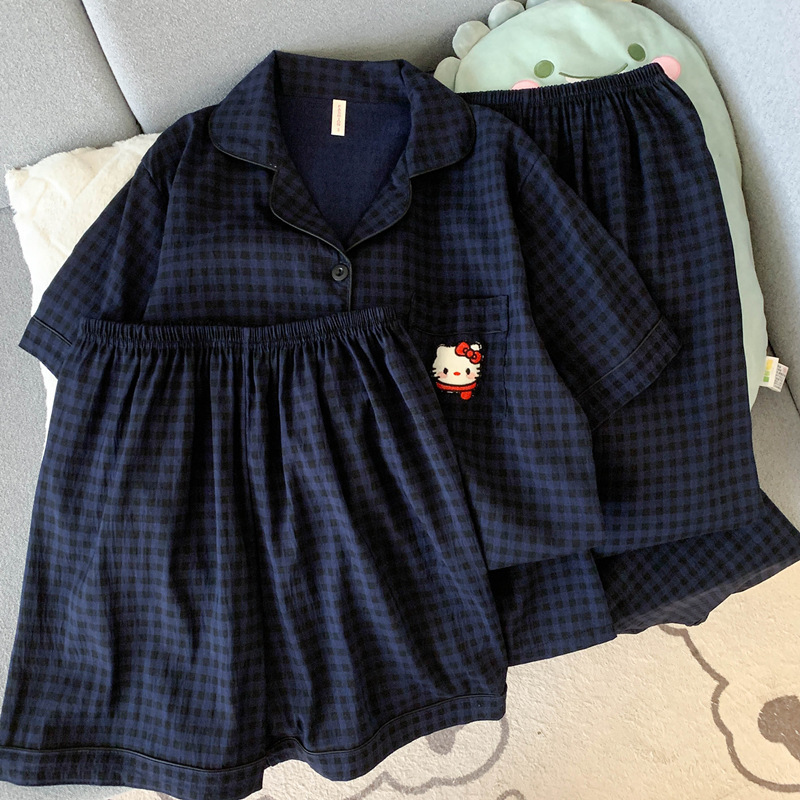 X207-Summer cloud pure cotton yarn pajamas women's summer short-sleeved loose large size three-piece suit home clothes