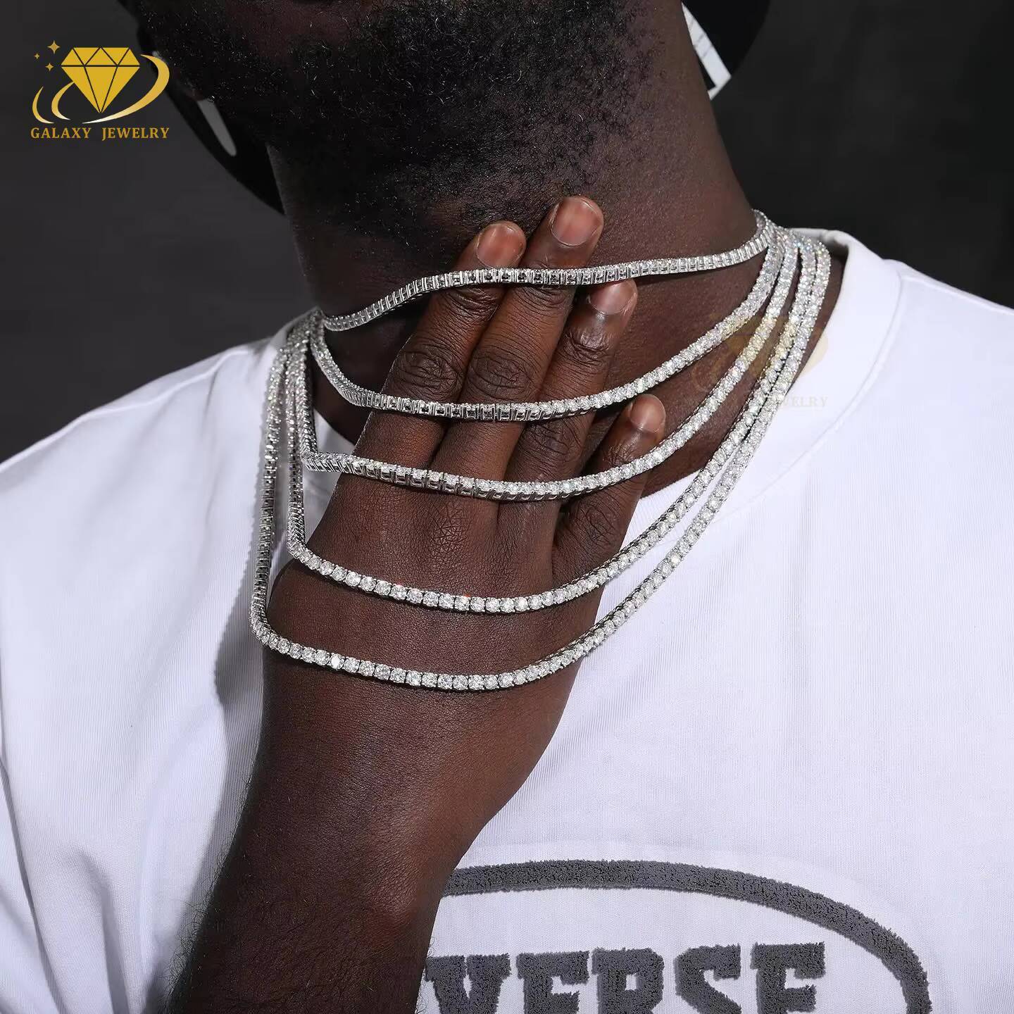 Hip Hop Tennis Bracelet Necklace Gold Plated 925 Sterling Silver 6.5mm Round Cut Moissanite Diamond Iced Out Tennis Chain