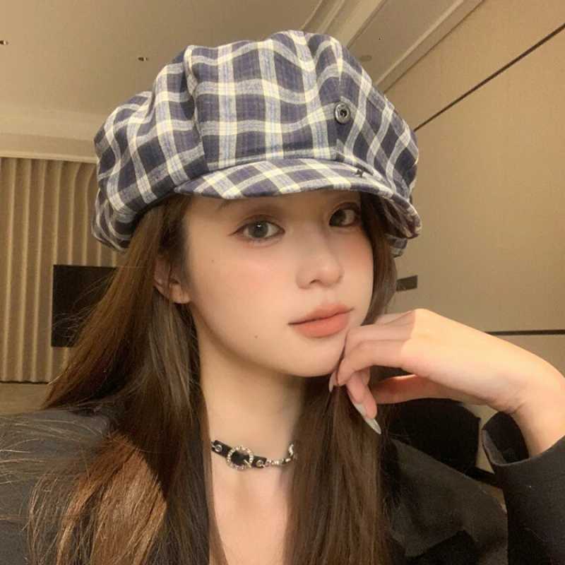 Retro Literary and Artistic Color Matching Plaid Berets for Women Spring and Summer New Sweet Versatile Cloud Newsboy Hat XJ250807