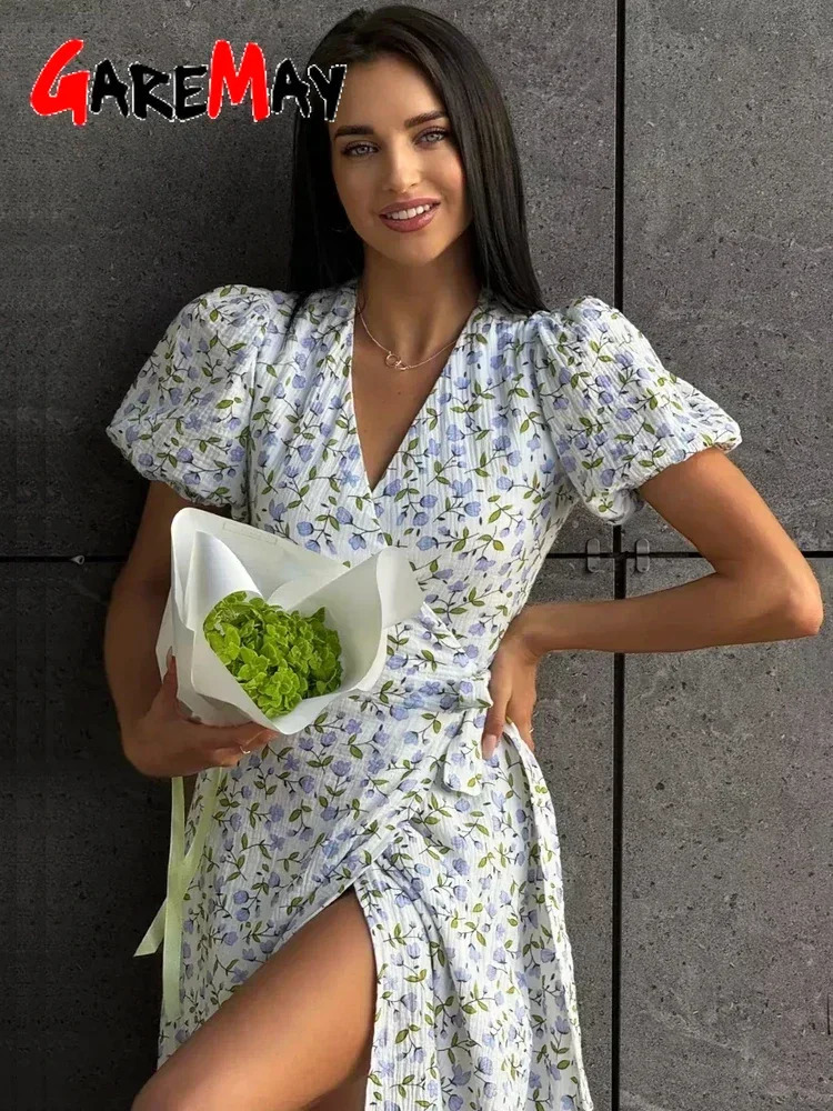 Summer Womens Light Long Dress 100 Cotton Aline Midi Dresses Muslin with Side Slits Flowers Elegant Beige for Women 250807