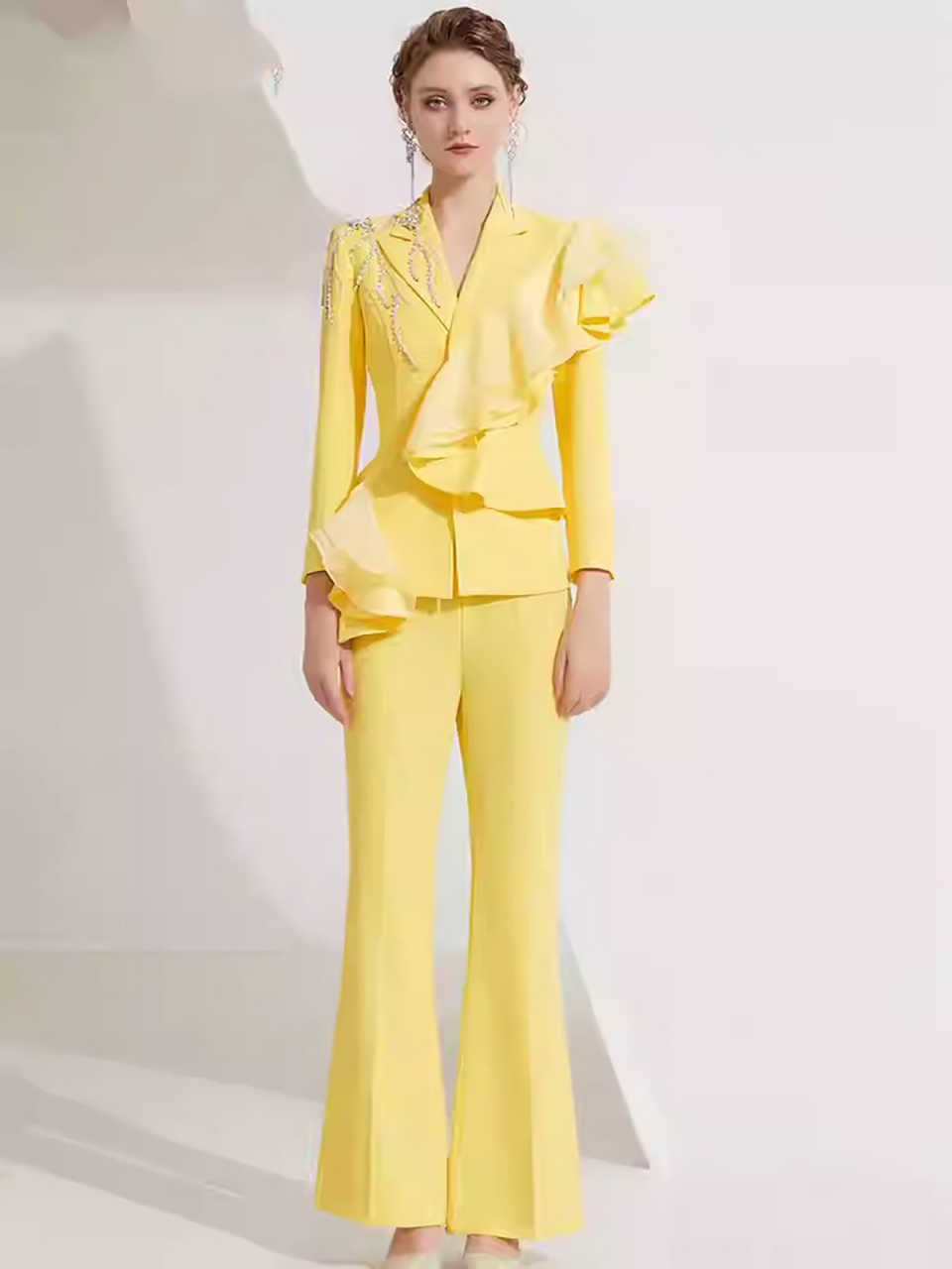 New Design Customized Elegant 2 Pieces Women Suits Crystal Ruffles Pants Blazers Office Ladies Work Slim Fit Evening Party Outfits