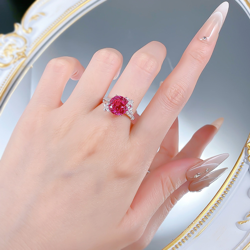 Hui Zhi Wing Jewelry S Pure Silver Inlaid 10mm Round Colorful Gemstone Rose Embellished Ring for Women Light Luxury High-end Party Style