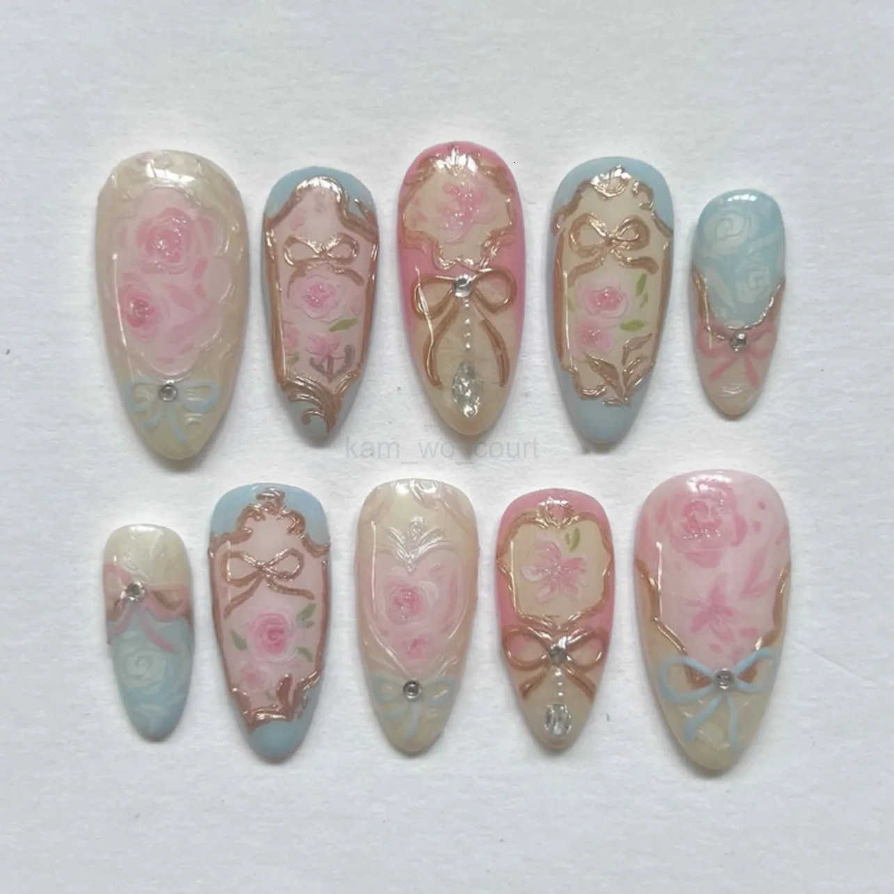 24pcs Wearable Almond False Nail Green Nails Tips with Flower Pearl Design Fake Nail Art Long Press on Nails Finished Manicure M250807