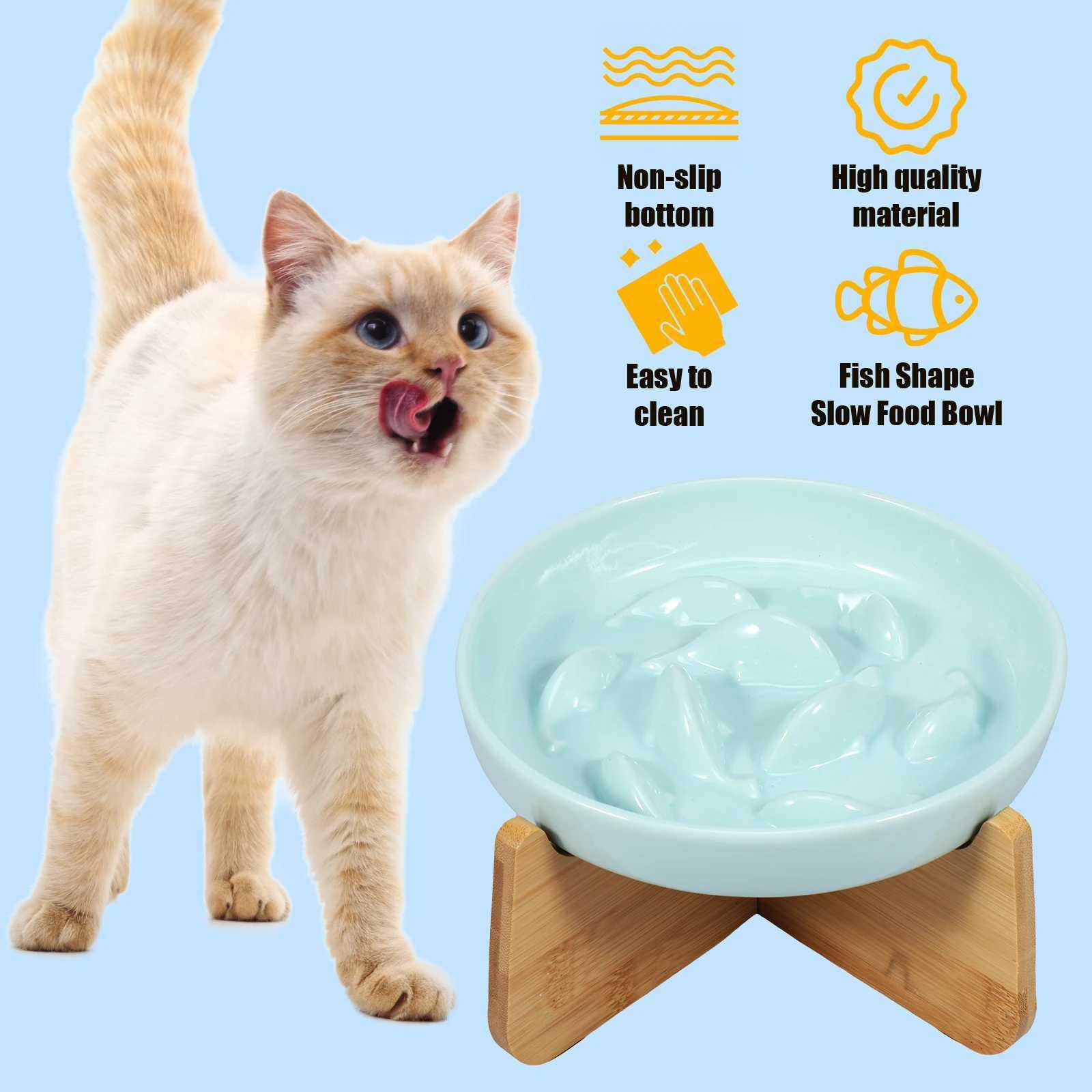 Slow Feeder Bowl with Wood Stand Ceramic Raised Cat Bowl for Neck Protection Anti-choking Slow Eating Pet Bowl Feeding Supplies Y250806