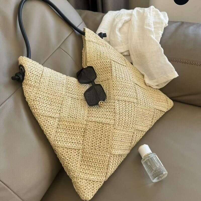 Casual hollow one shoulder cotton new lazy style hand held straw woven seaside holiday beach women's bag