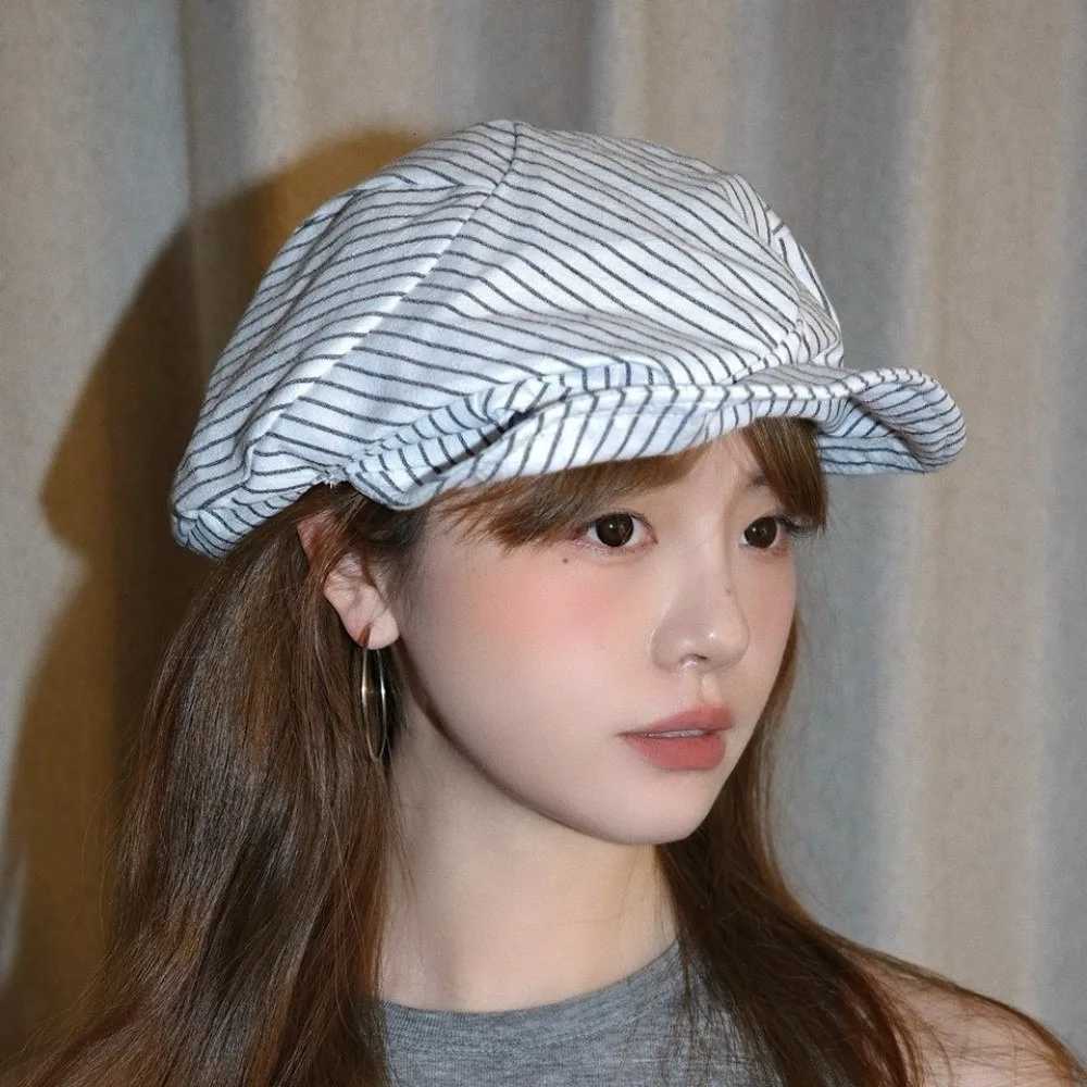 Casual Cotton and Linen Striped Berets Thin Y2k Octagonal Hat Newsboy C British C Painter Cs Daily XJ250807