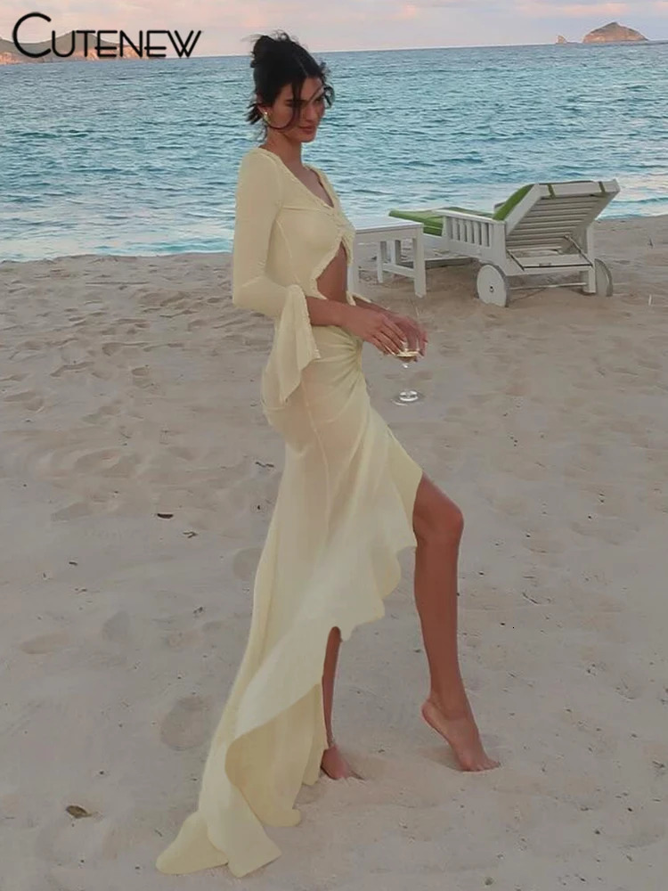 Cute Mesh Concise Dress Women Classic Holiday Style Long Sleeve Cut out Shirring Asymmetrical Robe Female Elegant Attirewear 250807