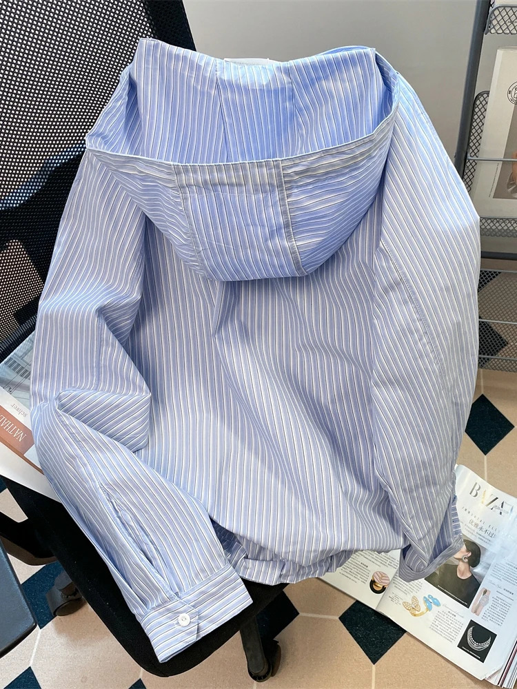 Japanese Style Blue Stripe Hooded Shirts Women Man Spring Autumn Long Sleeves Loose Casual Hoodies Vintage All-matched Coat Tops 250806