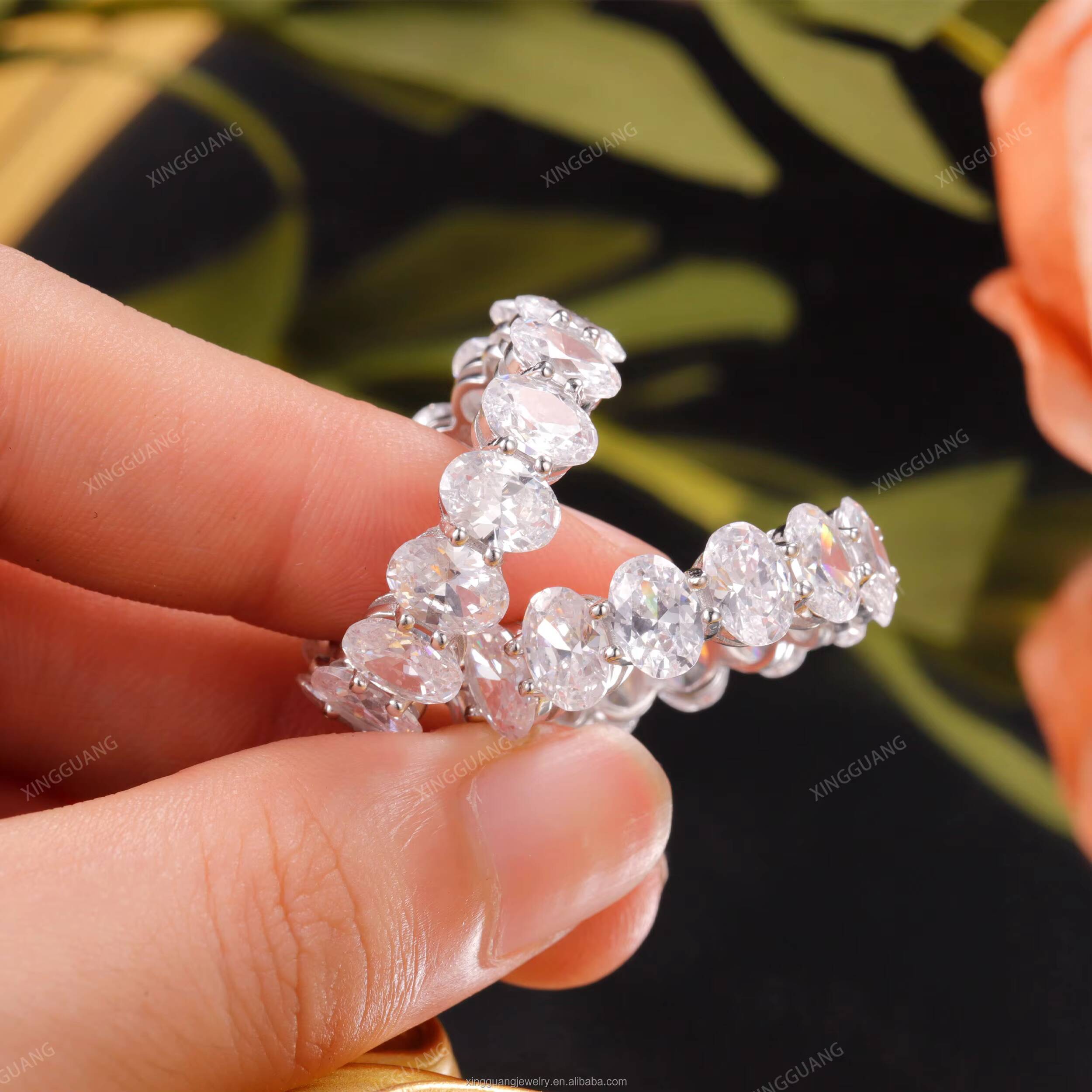 XingGuang New Arrival 4*6mm 0.5CT Oval Cut Moissanite 14K Soild White Gold Wedding Rings Eternity Band Jewelry