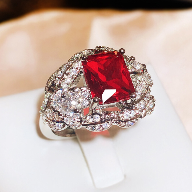 Square Red Gem Ring With Twisted Leaf & Sparkling Stone Accents Glam Evening And Engagement Accessory Gift For Her Luxurious And Dazzling Jewelry