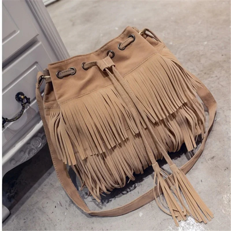 Fashion Retro Faux Suede Fringe Women Messenger Bags Tote Handbag Tassel Shoulder Handbags Crossbody Bag Tassel Bucket 250807