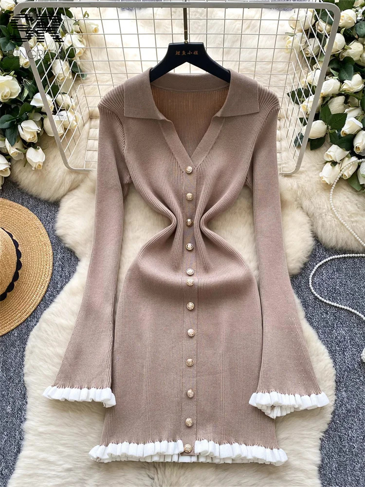 SINGREINY Autumn Sweet Basics Knit Dreess Female Long Sleeve Edible Tree Fungus Turndown Collar Slim Light y Women Dress 250807