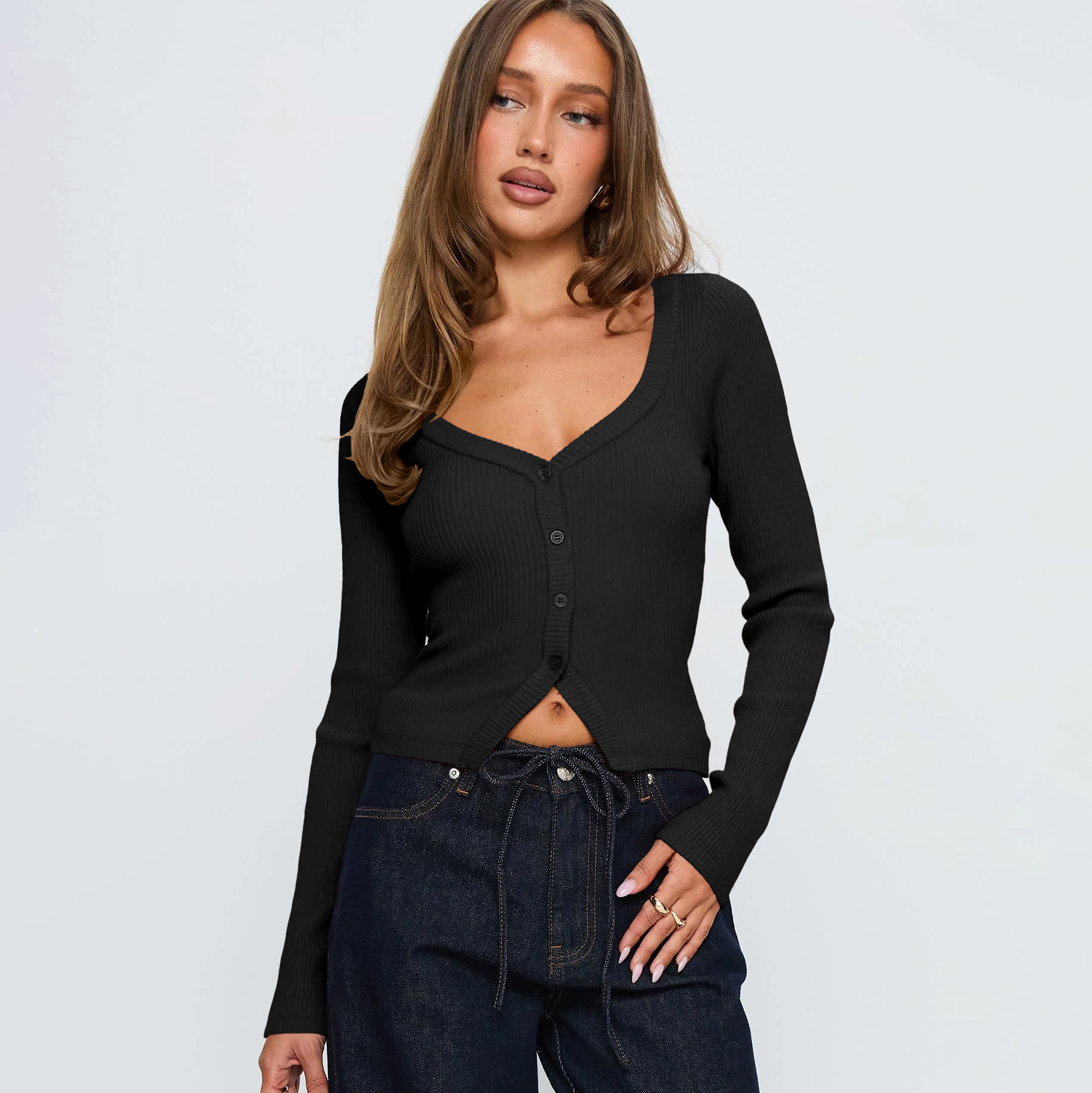 2025 Autumn Winter V-neck Long Sleeve Ribbed Button Cardigan Slim Fit Commuter Exquisite Women's Top